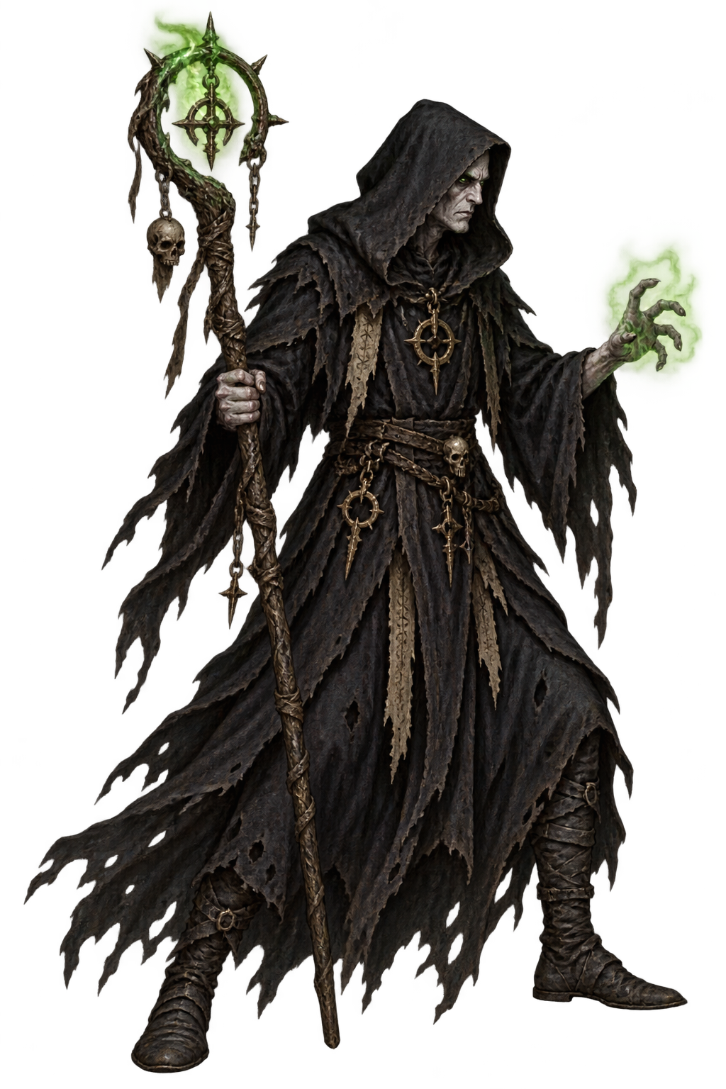 Dark Acolyte concept art: a hooded figure holding a skull-adorned staff and conjuring green energy