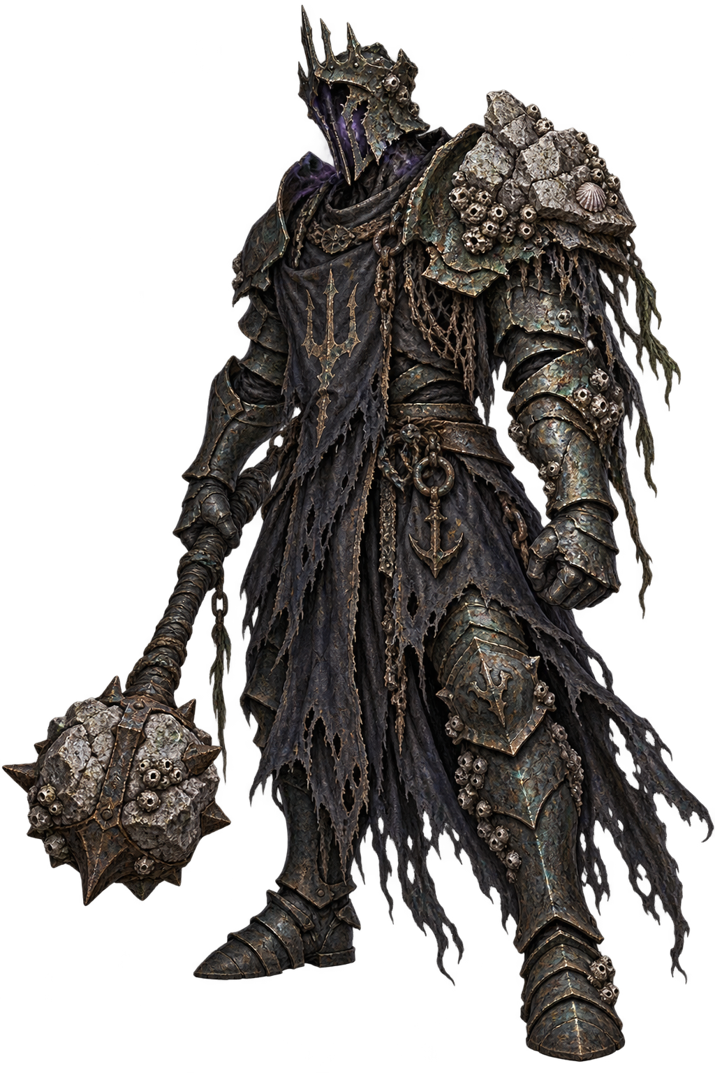 Defiled Warden concept art: a corroded armored figure with a heavy mace and barnacle-encrusted shoulder armor